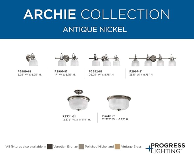 Progress Lighting P2992-81 Archie Collection Clear Double Prismatic Glass Coastal Bath Vanity, 3-Light, Antique Nickel