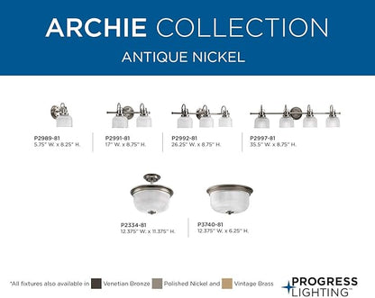 Progress Lighting P2992-81 Archie Collection Clear Double Prismatic Glass Coastal Bath Vanity, 3-Light, Antique Nickel