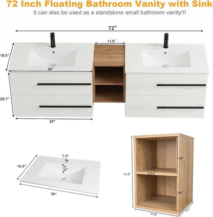 72 Inch Floating Double Sink Bathroom Vanity, Modern Bathroom Vanity with Double Sink, Wall Mounted Bathroom Vanity Cabinet with Large Storage Drawers, White&Natural