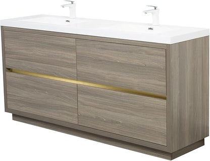 72" Freestanding Bathroom Vanity with 2 Sinks, Storage Cabinet with Stone Resin Countertop, 4 Soft Close Drawers, Espresso Wood, Pre-Assembled Base, Ash Grey