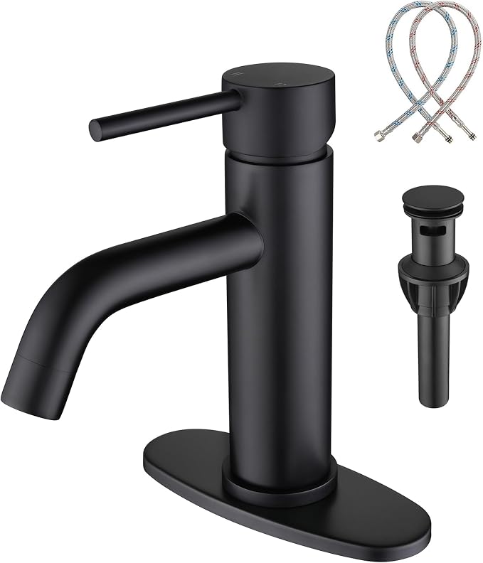 Bathroom Faucet Matte Black Modern Bathroom Sink Faucet with Single Handle Suitable for 1 or 3 Holes, Supply Deck Plate and Hose