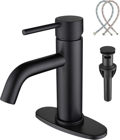 Bathroom Faucet Matte Black Modern Bathroom Sink Faucet with Single Handle Suitable for 1 or 3 Holes, Supply Deck Plate and Hose