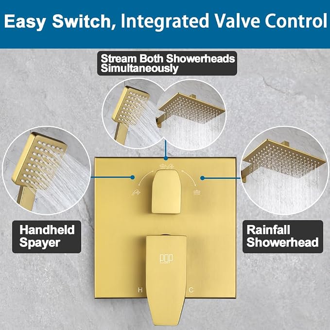 Shower Faucet Set Brushed Gold Rianfall 12 Inch Shower Head and Handle Set Bathroom Rain Shower System Wall Mounted Shower Fixture Include Shower Valve and Trim Kit