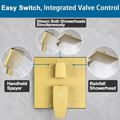 Shower Faucet Set Brushed Gold Rianfall 12 Inch Shower Head and Handle Set Bathroom Rain Shower System Wall Mounted Shower Fixture Include Shower Valve and Trim Kit