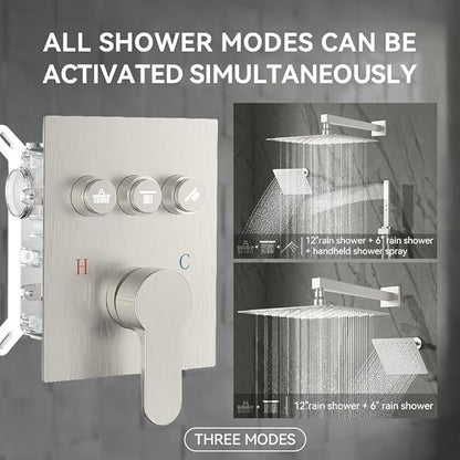 Shower Faucet Set, Wall Mount 12" Rain Shower System with Handheld and 6" Rainfall Shower Head, Can Use 2 Modes Together for Two People, 3 Way Shower Valve with 5 Diverter Complete,Brushed Nickel