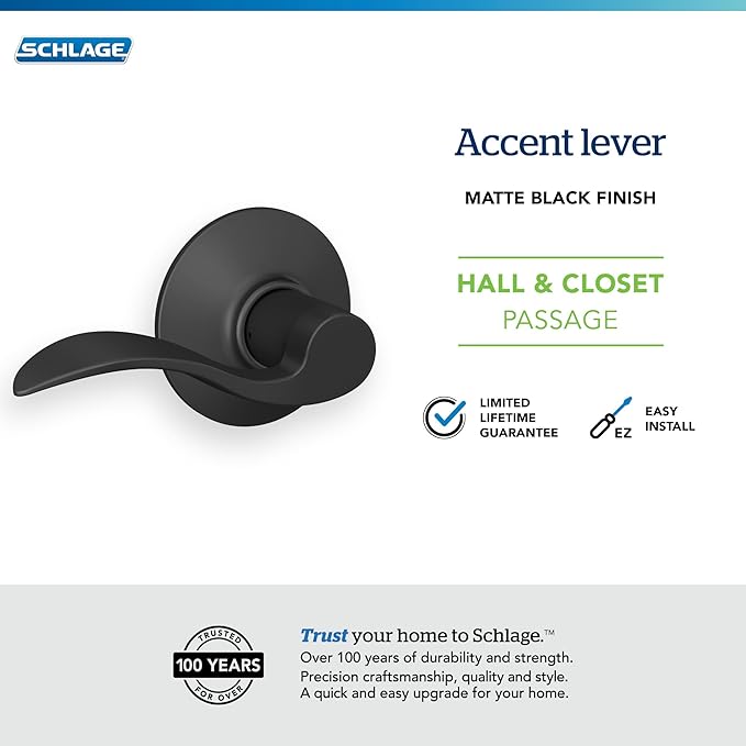 Schlage F10 ACC 622 Accent Door Lever, Hall & Closet Passage Lock, Matte Black