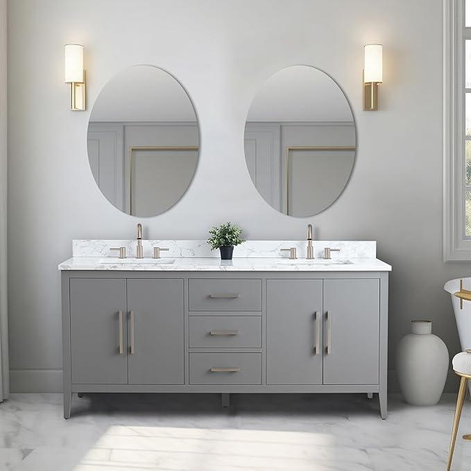 Vanity Art 72 inch Bathroom Vanity with Double Sink & Ceramic Top, Vanity Cabinet with Soft-Closing Doors, Drawers, Solid Wood Frame, Cashmere Gray, Brushed Nickle Handware