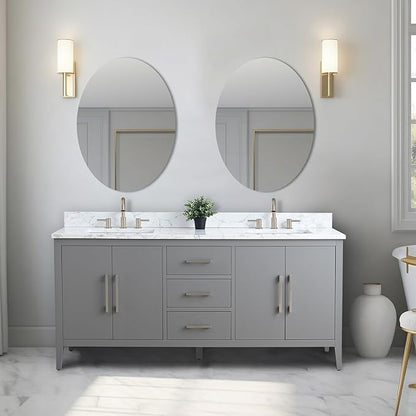 Vanity Art 72 inch Bathroom Vanity with Double Sink & Ceramic Top, Vanity Cabinet with Soft-Closing Doors, Drawers, Solid Wood Frame, Cashmere Gray, Brushed Nickle Handware