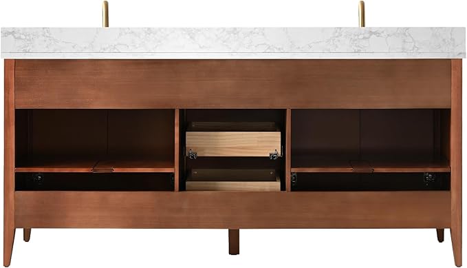 HOMEBEYOND 72" Bathroom Vanity with Double Sink, Solid Wood Bathroom Vanity Free-Standing Cabinet, Ceramic Top & Soft Closing Door, Golden Brushed Handware, Walnut