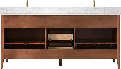 HOMEBEYOND 72" Bathroom Vanity with Double Sink, Solid Wood Bathroom Vanity Free-Standing Cabinet, Ceramic Top & Soft Closing Door, Golden Brushed Handware, Walnut
