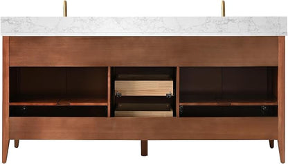 Vanity Art 72 inch Bathroom Vanity with Double Sink & Ceramic Top, Vanity Cabinet with Soft-Closing Door, Solid Wood Frame, Linear Pattern, Walnut, Golden Brushed Handware VA9172-DWalnut-GB