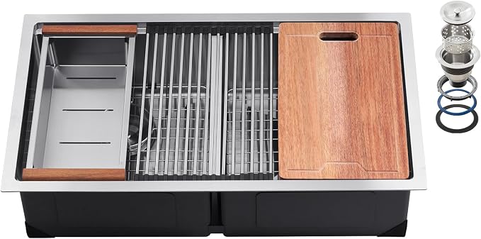 VEVOR 33 inch Kitchen Double Sink, 304 Stainless Steel Undermount Sink Drop-In Single Bowl Farmhouse Basin with Ledge & Multiple Accessories, Household Dishwasher Sinks for Prep Kitchen, Bar 33"*19"