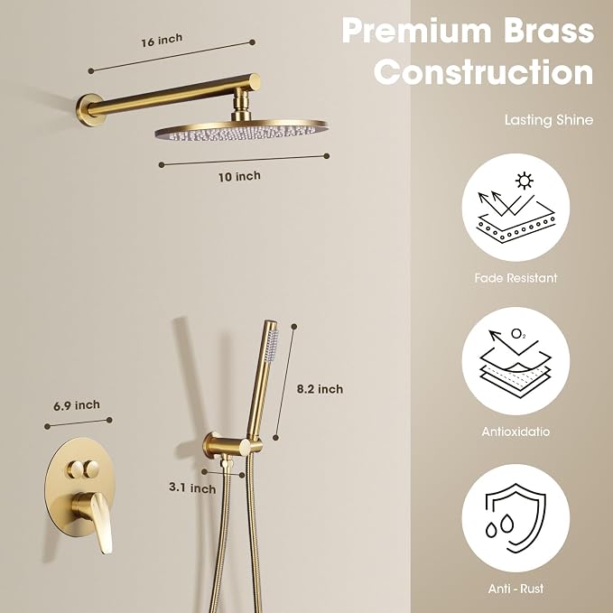 TRUSTMI 10" Push Button Rain Shower, Pressure Balanced Valve, Brushed Gold | Solid brass wall mount kit with handheld sprayer. cUPC anti-scald valve protects the whole family.