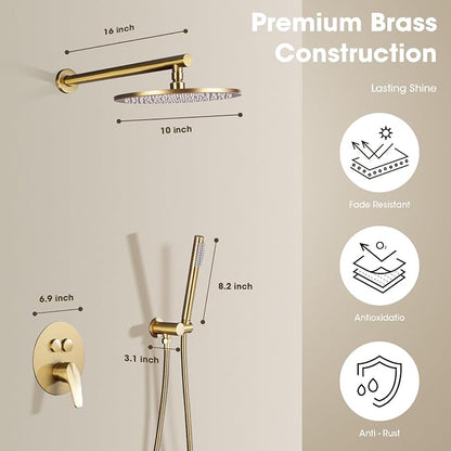 TRUSTMI 10" Push Button Rain Shower, Pressure Balanced Valve, Brushed Gold | Solid brass wall mount kit with handheld sprayer. cUPC anti-scald valve protects the whole family.