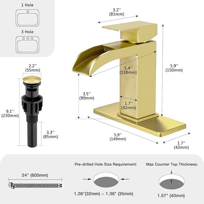 Faustina Brushed Gold Waterfall Bathroom Faucet, Single Handle Wide Spout Stainless Steel Gold Vanity Sink Faucet with Pop Up Drain & Deck Plate for 1 or 3 Hole