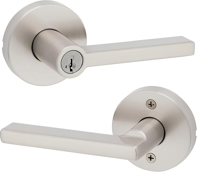Kwikset Halifax Keyed Storeroom Entry Door Handle with Lock and Key, Secure Keyed Reversible Lever Exterior, Front Entrance and Bedrooms, Satin Nickel, Pick Resistant SMT Rekey Security and Microban