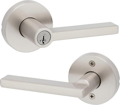 Kwikset Halifax Keyed Storeroom Entry Door Handle with Lock and Key, Secure Keyed Reversible Lever Exterior, Front Entrance and Bedrooms, Satin Nickel, Pick Resistant SMT Rekey Security and Microban