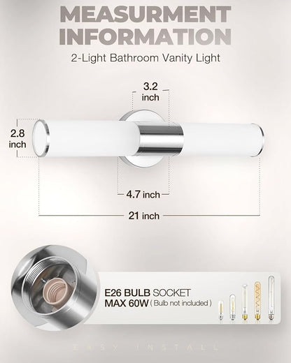 2-Light Bathroom Vanity Lighting Fixture, Brushed Nickel Wall Sconce with Opal White Glass, E26 Stocket Indoor Wall Lamp, Modern Mirror Light