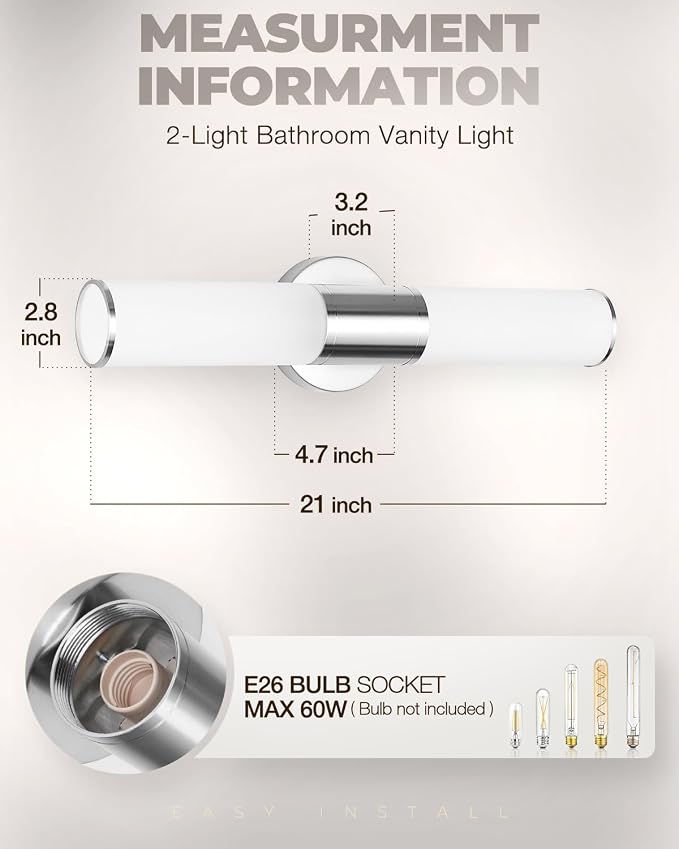 2-Light Bathroom Vanity Lighting Fixture, Brushed Nickel Wall Sconce with Opal White Glass, E26 Stocket Indoor Wall Lamp, Modern Mirror Light. 2 Pack