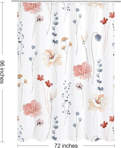 Coral Beige Watercolor Floral Fabric Shower Curtain, 72x96 | Waterproof Fabric, Modern Minimalist Floral Print, Machine Washable, Rustproof Grommets, for Bathroom Home, Extra Long