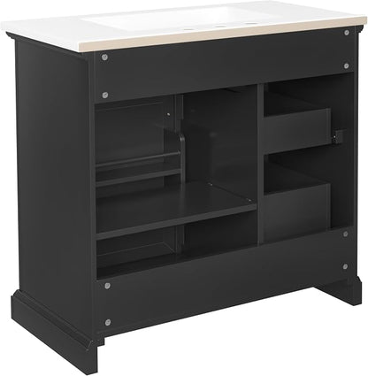36" Bathroom Vanity with Ceramic Sink,Freestanding Storage Cabinet w/Soft-Close Door and 2 Tip-Out & 2 Drawers,Undermount Single Basin Bath Vanity Set w/Adjustable Shelf,Black