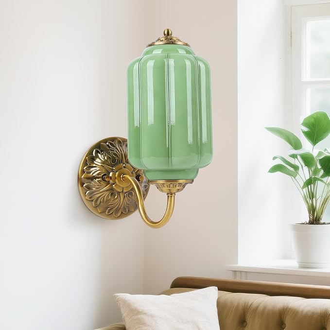 Green Glass Sconce Vintage Vanity Sconces Brass, Bulb Included | Green Glass Art Deco Antique Wall Sconce Wall Light for Bedroom Bathroom Living Room Entryway, Antique Gold and White 1 Pack