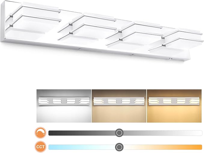 GOODATE 3 Color Temperature Dimmable Vanity Lights for Bathroom, LED Chrome 4 Light Vanity Light Fixtures, Acrylic Stainless Steel Square Shade Bathroom Light Fixtures Over Mirror, ETL Certificated