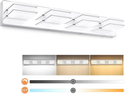 GOODATE 3 Color Temperature Dimmable Vanity Lights for Bathroom, LED Chrome 4 Light Vanity Light Fixtures, Acrylic Stainless Steel Square Shade Bathroom Light Fixtures Over Mirror, ETL Certificated