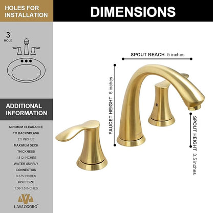 Lava Odoro Valenvoir Gold Bathroom Faucet for Sink 3 Hole, Brushed Gold 8 inch Widespread Bathroom Faucet 2 Handle Bathroom Sink Faucet for Vanity with Drain Assembly Supply line, BF405-SG