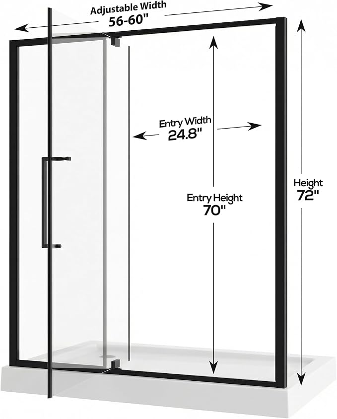 56-60" W x 72" H Semi-Frameless Pivot Swing Shower Doors | 1/4" (6mm) Clear SGCC Tempered Glass with a 24.8" walk-in opening, Matte Black Finish, Reversible, Magnetic Closing