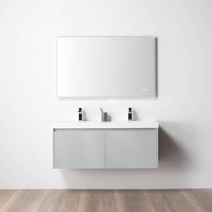 Blossom 48 inch Bathroom Vanity with Sink, Wall Mounted Floating Bathroom Vanity Cabinet with Double Acrylic Sink, All Wood Bathroom Storage Cabinet with Soft Close Drawers, Light Grey Finish