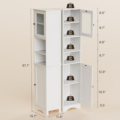 Gizoon 67.1" Tall Bathroom Storage Cabinet with Adjustable Shelves | Narrow Tall Linen Tower with Open Shelves, Two-way Doors, Anti-Tip, for Home, Kitchen, Living Room, White
