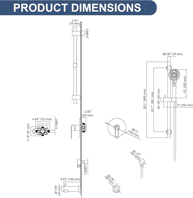 Taplong Black Bathtub Shower Faucet Set with slide bar Shower System with Tub Spout,8 Setting Handheld with ON/OFF Pause Switch, Tub Shower Faucet Kit for Bathroom-TP049B
