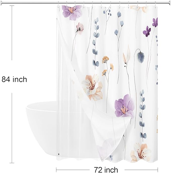 Extra Long 3 in 1 Shower Curtain Set, Purple Watercolor Floral Bath Curtain and PEVA Liner Set with 12 Double Sided Steel Hooks, Waterproof Fabric Bathroom Curtain 72x84