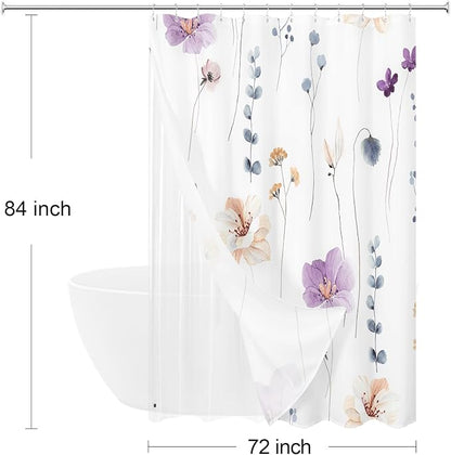Extra Long 3 in 1 Shower Curtain Set, Purple Watercolor Floral Bath Curtain and PEVA Liner Set with 12 Double Sided Steel Hooks, Waterproof Fabric Bathroom Curtain 72x84