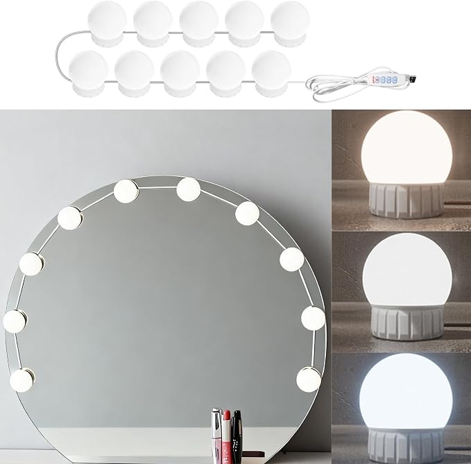 LED Vanity Lights for Mirror Hollywood Style USB Fill Light Adjustable Color and Brightness Mirrors Lights Stick on Makeup Table,Bathroom,Dressing Room (No Mirror Include) (10 Bulbs)