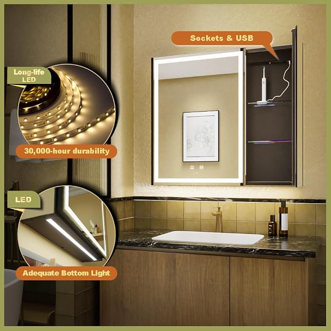 30*28 inch Two-door Aluminum LED Lighted Bathroom Medicine Mirror Cabinet | Light Adjustable, Sockets & USBs inside, Anti-Fog, Easy to Install