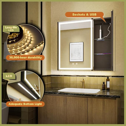 30*28 inch Two-door Aluminum LED Lighted Bathroom Medicine Mirror Cabinet | Light Adjustable, Sockets & USBs inside, Anti-Fog, Easy to Install