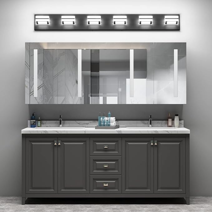 Ralbay Modern LED Black Vanity Light 5 Lights Modern LED Bathroom Vanity Lights Over Long Mirror Acrylic Up and Down Matte Black Bath Wall Lighting Fixtures