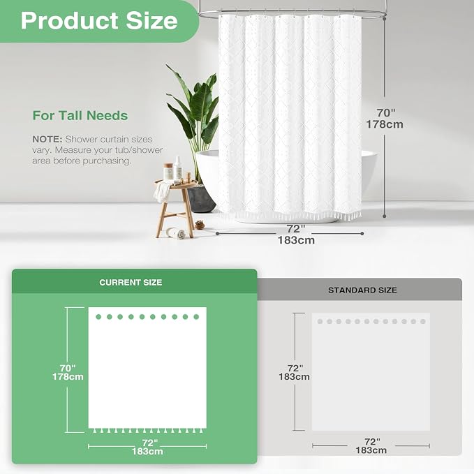 Boho Farmhouse Fabric Shower Curtain Tufted Geometric 72x70 White | Elegant Tassel, Soft Lightweight Textured Cloth, Water Repellent, Washable, Hotel Spa, for Bathroom/Dorm/Apartment 12 Hooks