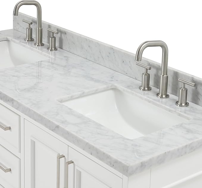 ARIEL Stafford 60-inch Bathroom Vanity with Sink,Solid Wood, 1.5-inch Italian Carrara Marble Countertop, Double Rectangular Porcelain Sink, 4 Soft Closing Doors, 6 Dovetail Drawers, White