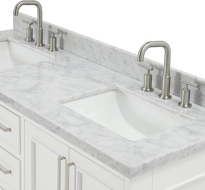 ARIEL Stafford 60-inch Bathroom Vanity with Sink,Solid Wood, 1.5-inch Italian Carrara Marble Countertop, Double Rectangular Porcelain Sink, 4 Soft Closing Doors, 6 Dovetail Drawers, White