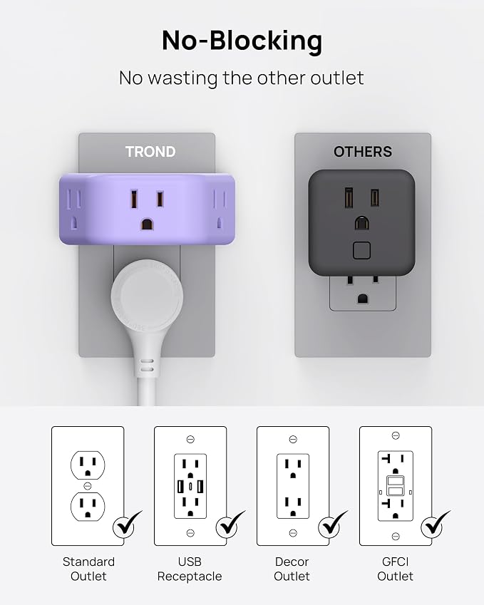 TROND Purple Outlet Extender with 3 Way Angled, for Tight Spaces | 3-Prong Grounded Outlet Adapter, Cruise Ship Essentials, Compact and Practical, for Bathroom and Kitchen