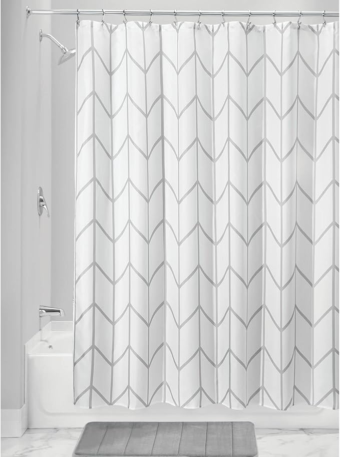 mDesign Fabric Geometric Shower Curtain - Herringbone Chevron Print with Reinforced Buttonholes for Master/Guest Bathroom - Machine Washable & Water Resistant Curtains, 72" x 72", Gray/White