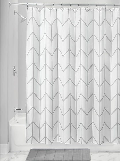 mDesign Fabric Geometric Shower Curtain - Herringbone Chevron Print with Reinforced Buttonholes for Master/Guest Bathroom - Machine Washable & Water Resistant Curtains, 72" x 72", Gray/White