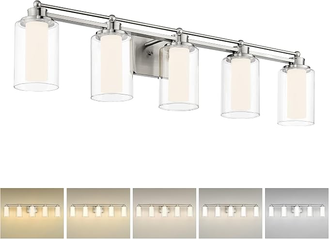 HWH 5-Light Bathroom Vanity Light, Brushed Nickel, 5CCT, 5HLT63B-5W-LED BN | Dimmable, Wall Mount, 30W, Vanity Lights, Vanity Light Over Mirror, Selectable 5CCT Lighting, Durable Metal Construction
