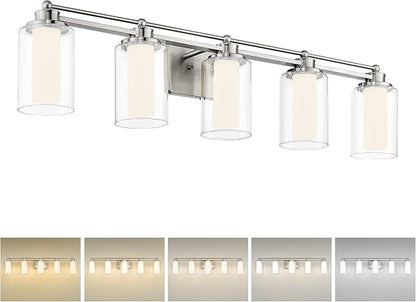HWH 5-Light Bathroom Vanity Light, Brushed Nickel, 5CCT, 5HLT63B-5W-LED BN | Dimmable, Wall Mount, 30W, Vanity Lights, Vanity Light Over Mirror, Selectable 5CCT Lighting, Durable Metal Construction
