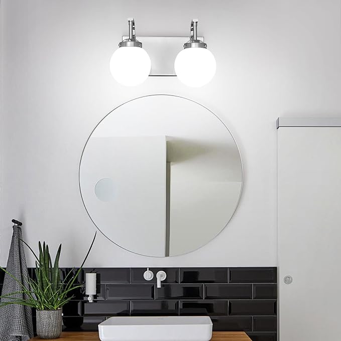 Modern 2 Lights Vanity Light Over Mirror Bathroom Vanity Light Fixtures Chrome Wall Sconce with Milk Glass Vanity Light for Bathroom Lighting