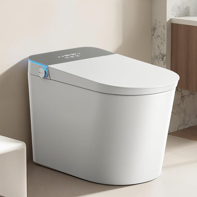 Smart Toilet with Bidet Built-in: Super Gentle Wash Bidet Toilet with Dryer, Dual Flush One Piece Toilets with Auto Lid/Seat, Foam, Heated Seat, Foot Sensor, UV-C Night Light, Child Mode, Grey