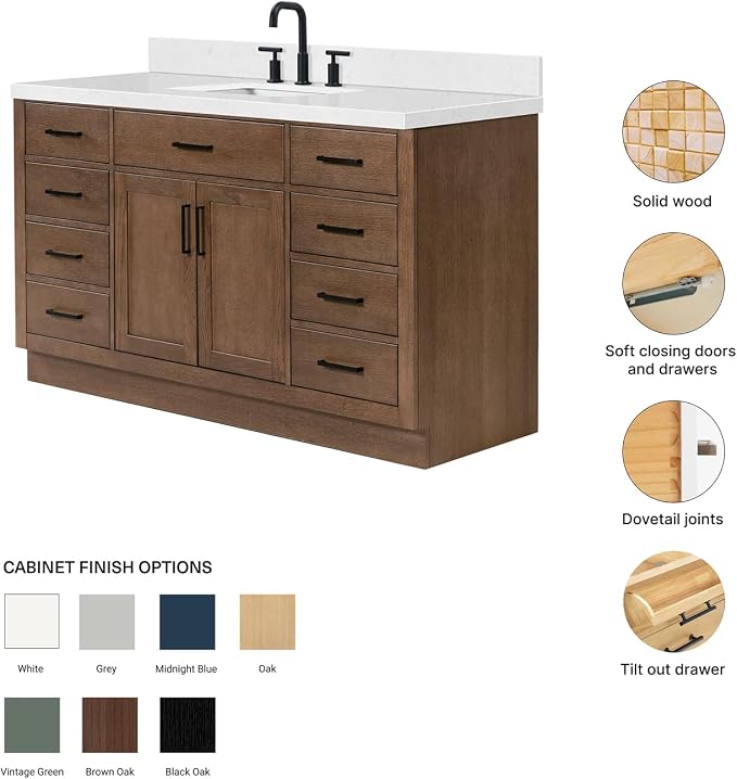 ARIEL Hepburn 60-inch Bathroom Vanity with Sink,Solid Wood, 1.5-inch Carrara White Quartz Countertop, Single Rectangular Porcelain Sink, 2 Soft Closing Doors, 9 Dovetail Drawers, Brown Oak